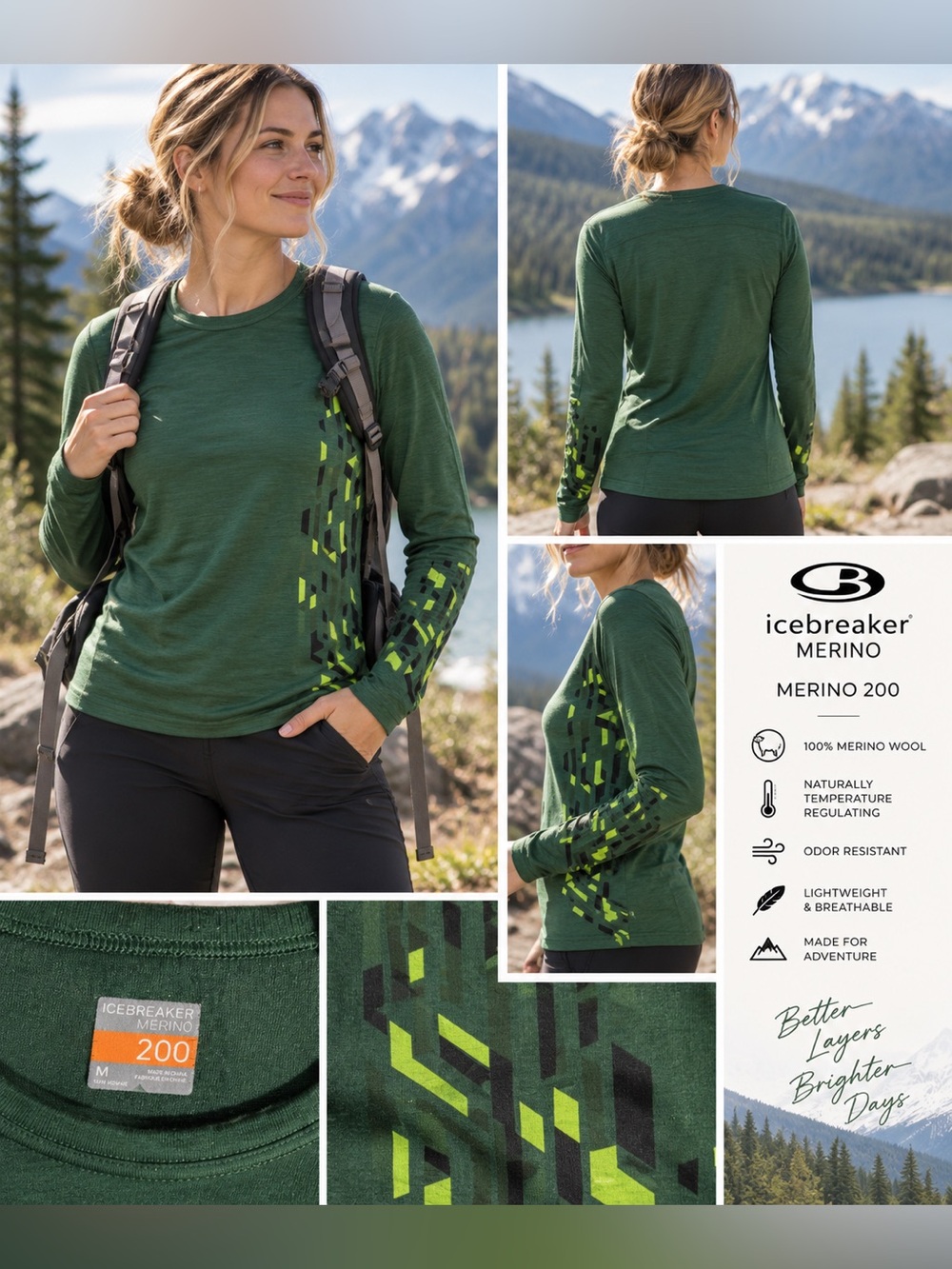 Icebreaker Merino 200 Women’s M Green 100% Wool Long Sleeve Base Layer